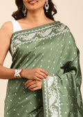 Dark Green Stylised Ikat Pattern Tussar Saree - Taashi