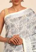 Cream And Grey Stylised A/O Paisley Pattern Linen Saree - Taashi