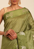 Olive Green Jacquard Pattern Placement Tussar Saree - Taashi