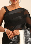 Black Abstract Floral Printed And Striped Chiffon Saree - Taashi