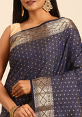 Dark Blue Traditional Zari Butta Woven Tussar Saree - Taashi