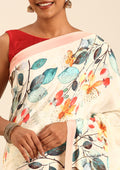 Cream Multicolor Watercolor Floral Printed Crepe Saree - Taashi