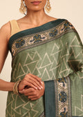 Dark Green Geometric Printed Tussar Saree - Taashi