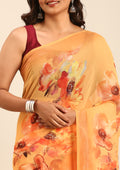 Orange Watercolor Floral Printed Georgette Saree - Taashi