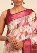 Maroon Watercolor Floral Printed And Plaids Woven Linen Saree - Taashi