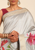 Grey Floral Printed Tussar Saree - Taashi