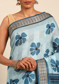 Powder Blue Hibiscus Printed Tussar Saree - Taashi