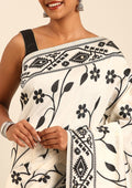 Cream And Black Floral And Tribal Pattern Woven Tussar Saree - Taashi