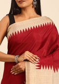 Maroon Temple Border Printed Tussar Saree - Taashi