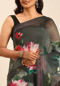 Grey Multicolor Floral Digital Printed Georgette Saree - Taashi
