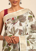 Sage Green Watercolor Floral Printed Tussar Saree - Taashi