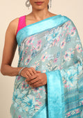 Sky Blue A/O Floral Printed Plaids Woven Line Saree - Taashi
