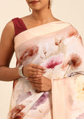 Pastel Beige Watercolor Floral Printed Georgette Saree - Taashi