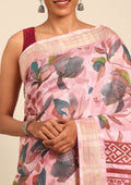 Pastel Pink Watercolor Floral Printed Tussar Saree - Taashi
