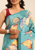 Pastel Blue Leaf Digital Printed Crepe Saree - Taashi