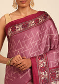 Dusty Magenta Geometric Printed Tussar Saree - Taashi