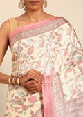 Cream And Dusty Pink Jaal Floral Printed Art Tussar Matka Silk Saree - Taashi
