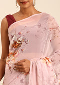 Pastel Pink Watercolor Floral Printed Georgette Saree - Taashi