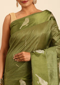 Olive Green Placement Jacquard Woven Tussar Saree - Taashi