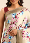 Beige Floral Digital Printed Satin Saree - Taashi