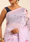 Pastel Lavender Watercolor Floral Printed Georgette Saree - Taashi