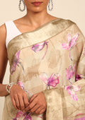Pastel Olive Green Watercolor Floral Printed And Plaids Woven Linen Saree - Taashi
