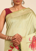 Olive Green Floral Printed Tussar Saree - Taashi
