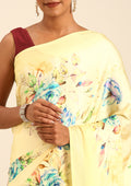 Yellow A/O Floral Printed Satin Saree - Taashi