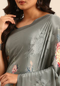 Grey Floral Digital Printed Crepe Saree - Taashi