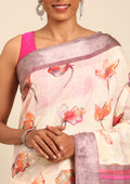 Cream Watercolor Floral Printed And Plaids Woven Linen Saree - Taashi