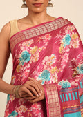 Dark Pink Watercolor Floral Printed Tussar Saree - Taashi