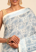 Cream And Blue Stylised A/O Paisley Pattern Linen Saree - Taashi