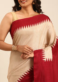 Beige Maroon Temple Bordered Digital Printed Tussar Saree - Taashi