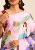 Pink Watercolor Floral Digital Printed Satin Saree - Taashi