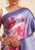 Purple Floral Digital Print Satin Saree - Taashi