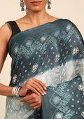 Teal Batik Printed Art Tussar Matka Silk Saree - Taashi
