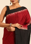 Red And Black Temple Border Printed Tussar Saree - Taashi