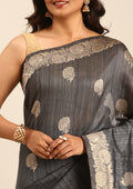 Dark Grey Floral Butta Pattern Tussar Saree - Taashi