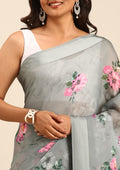 Gray Floral Digital Printed Georgette Saree - Taashi