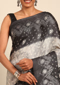 Grey Batik Printed Art Tussar Matka Silk Saree - Taashi