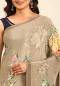 Beige Floral Digital Printed Crepe Saree - Taashi