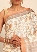 Cream And Copper Jaal Floral Printed Art Tussar Matka Silk Saree - Taashi