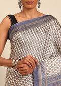 Cream And Blue A/O Floral Printed Art Tussar Matka Silk Saree - Taashi