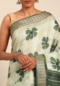 Green Hibiscus Printed Tussar Saree - Taashi