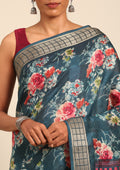 Teal Watercolor Floral Printed Tussar Saree - Taashi