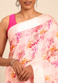 Pastel Pink Watercolor Floral Printed And Plaids Woven Linen Saree - Taashi