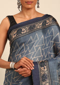 Blue Geometric Printed Tussar Saree - Taashi