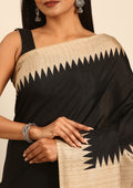 Black Temple Border Printed Tussar Saree - Taashi