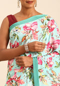 Turquoise Multicolor Watercolor Floral Printed Crepe Saree - Taashi