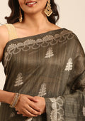 Dusty Green Zari Floral Butta Tussar Saree - Taashi